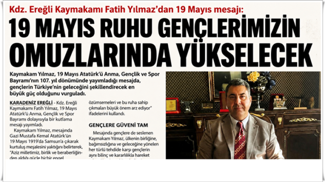 KAYMAKAM YILMAZ’DAN GENÇLİĞE 19 MAYIS MESAJI